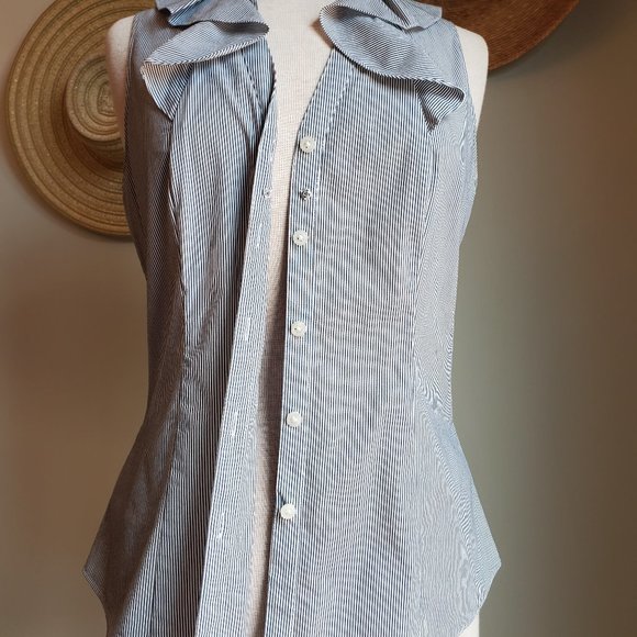 Tahari Sleeveless Ruffle Neckline Striped Blouse - Picture 3 of 8